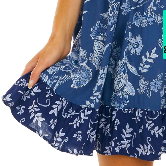Blue Floral Smocked Boho Ruffle Mini Dress - Picture 4 of 7